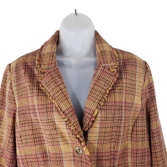 Coldwater Creek 16 Plaid Blazer Women Gold Plum Recycled Wool Blend Frayed Edges - Picture 10 of 11